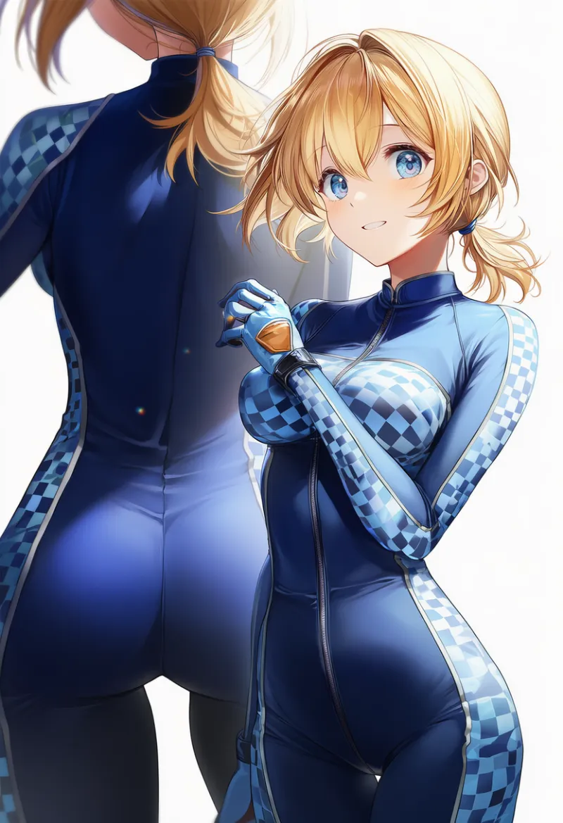 チェック柄のバイクスーツのプロンプトとAIイラスト