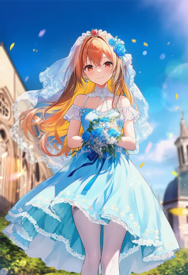 青色のウェディングドレスのAIイラストとプロンプト紹介