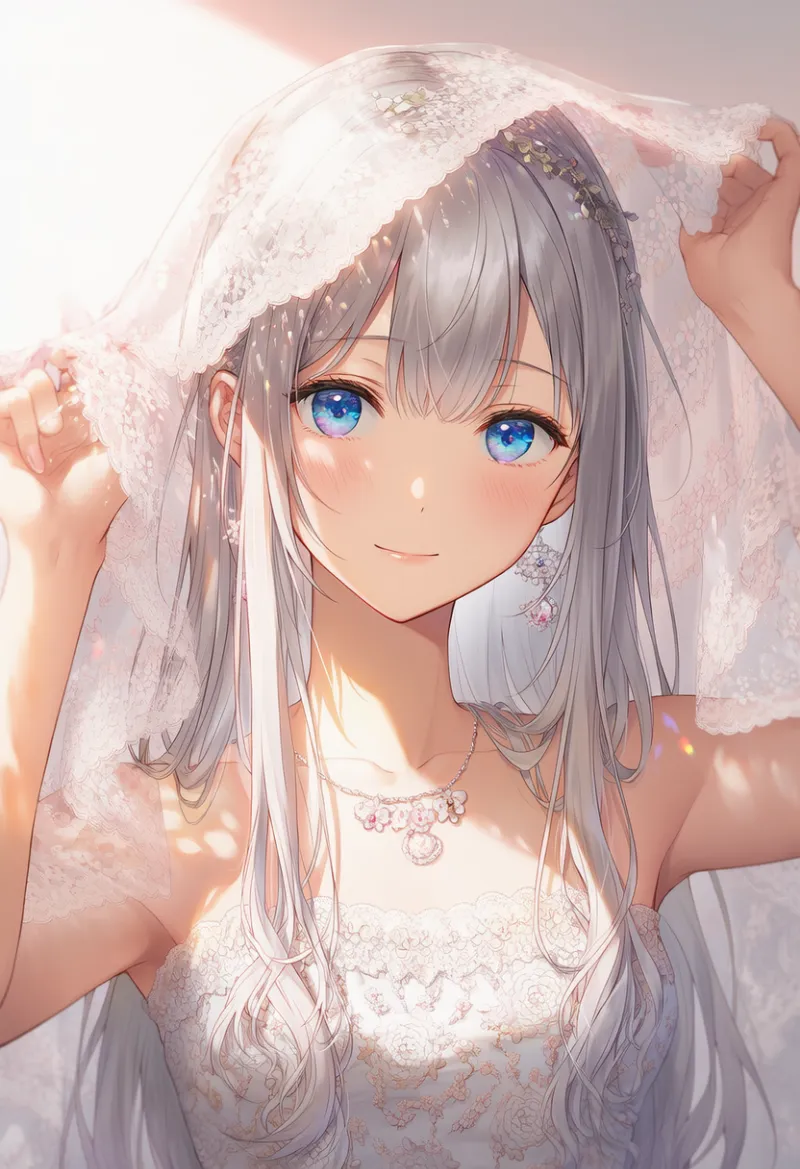 ベールを持ち上げる（瞳が見えている）状態のAIイラスト