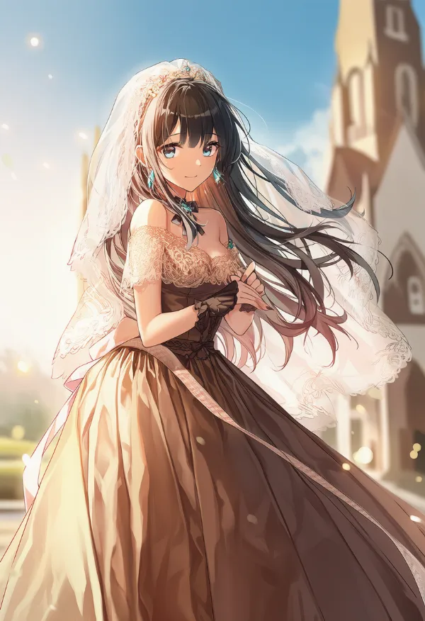 茶色のウェディングドレスのAIイラストとプロンプト紹介