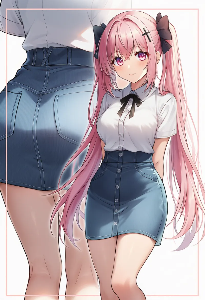 フロントボタンスカート(button up skirt)のプロンプトとAIイラストの作例(デニムミニスカート)