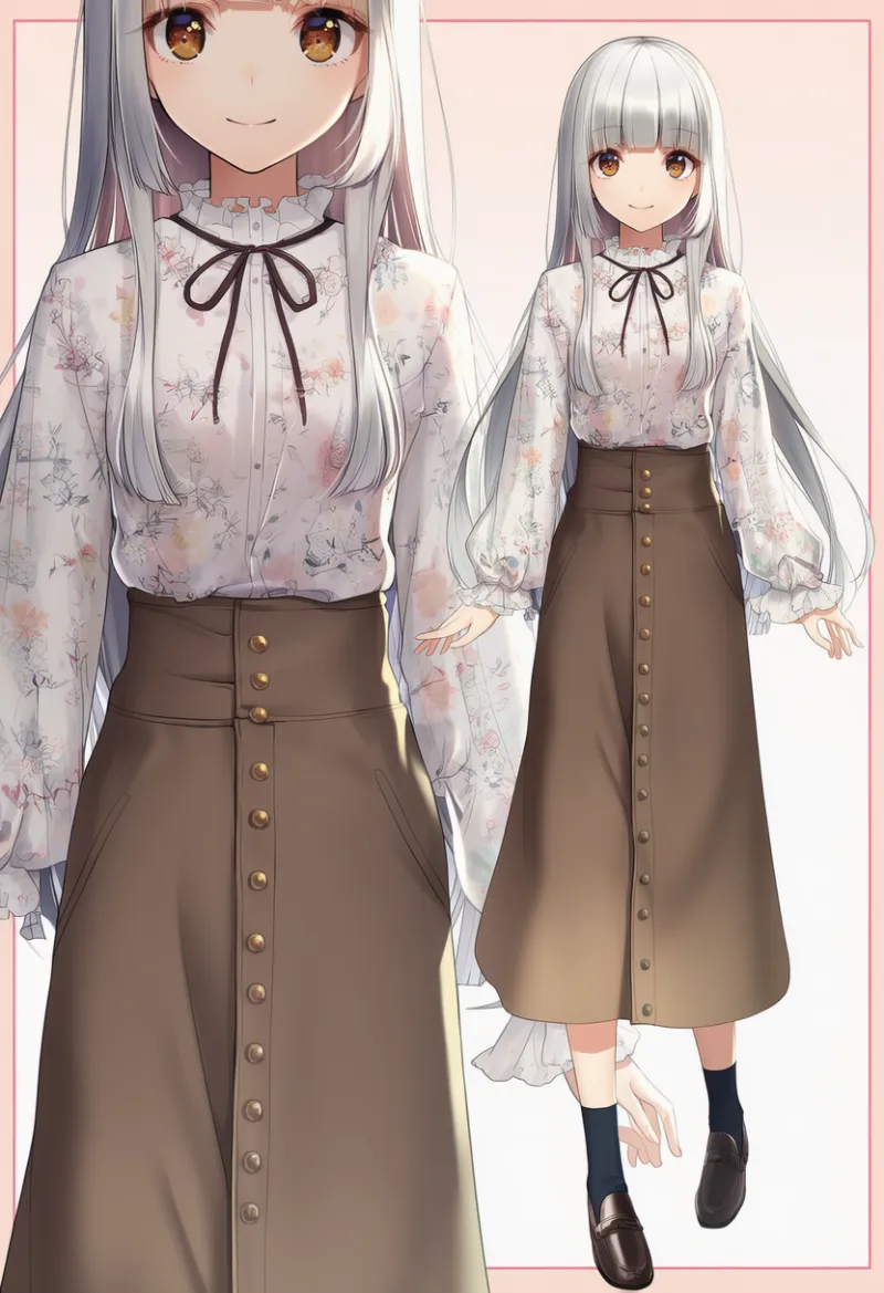 フロントボタンスカート(button up skirt)のプロンプトとAIイラストの作例(ブラウンのロングスカート)