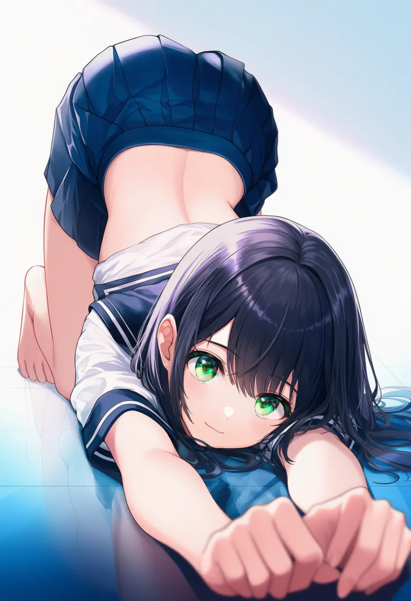 シャツがめくれて背中が見えるキャットストレッチのプロンプトとAIイラスト