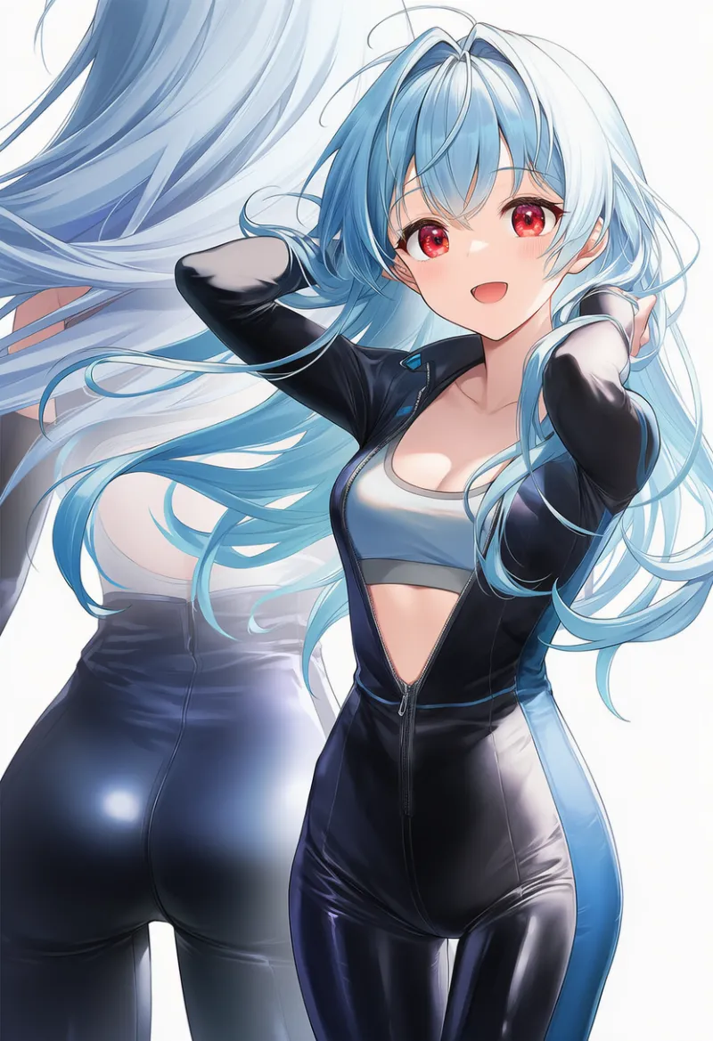 中央ジッパーが開いた状態のバイクスーツ(胸元が開く)のプロンプトとAIイラスト