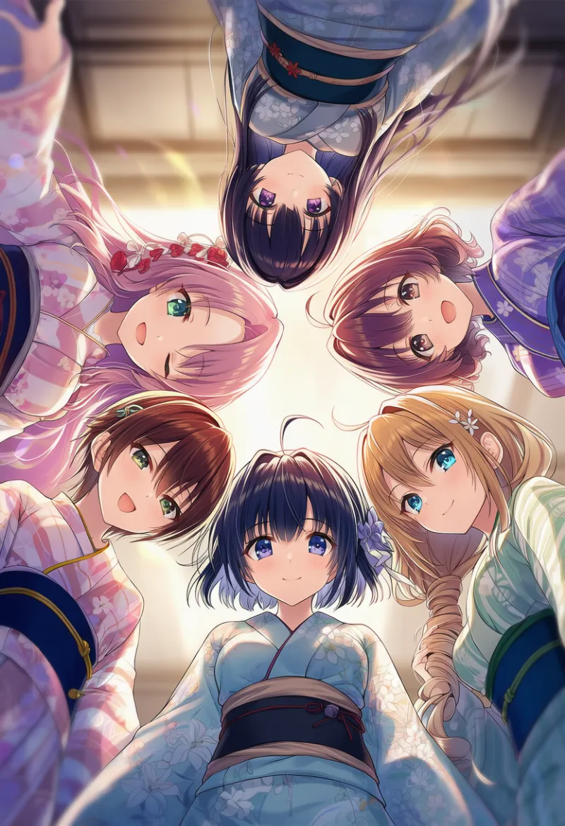 複数キャラを真下から見上げる構図（circle formation）のAIイラストの作例-1