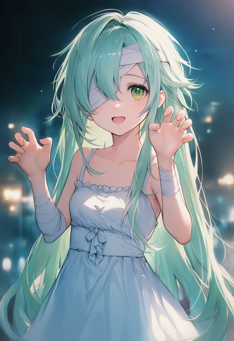 爪を立てた手ポーズ（がぉー）のプロンプト紹介用のAIイラスト（包帯キャラクター）