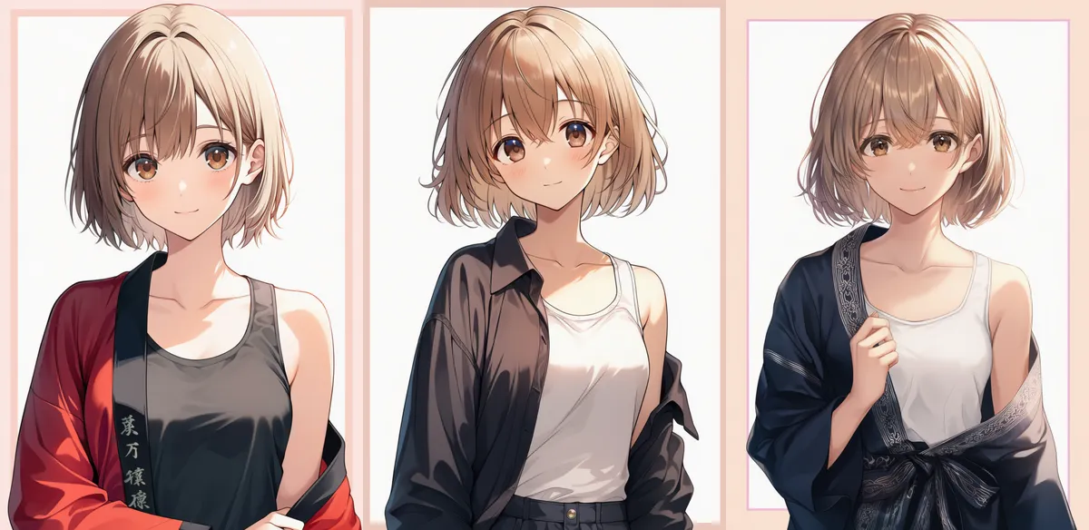 片肌ぬぎの参考AIイラスト(はっぴ、ワイシャツ、浴衣の片肌ぬぎ)