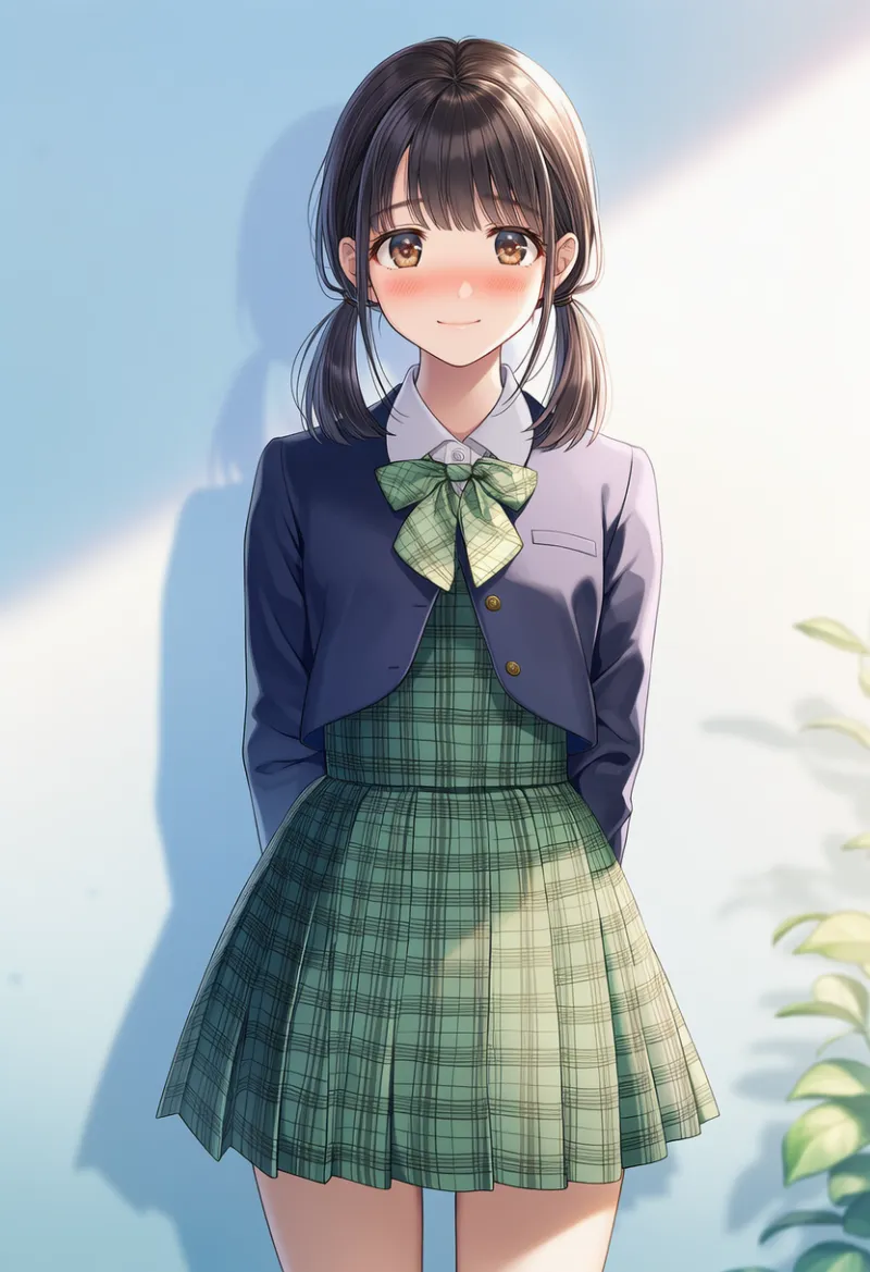緑チェック柄スカートのボレロ制服プロンプト|AIイラスト