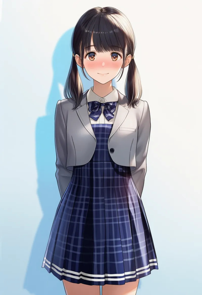 紺チェック柄スカートのボレロ制服プロンプト|AIイラスト