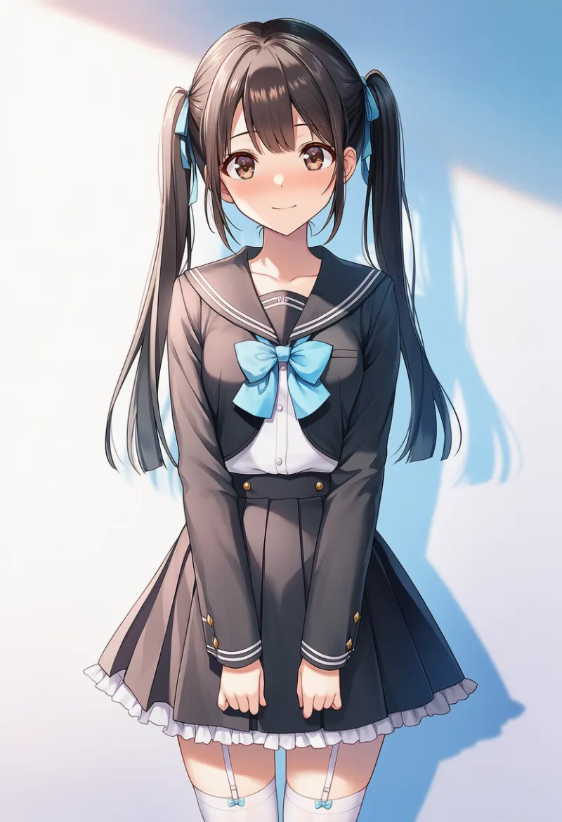 青リボンの黒ボレロ制服プロンプト|AIイラスト