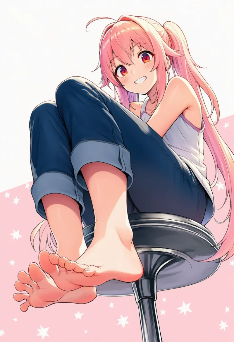 正面から椅子に座り、背屈ポーズのプロンプト(つま先を上に反らす)|AIイラスト|AIイラスト