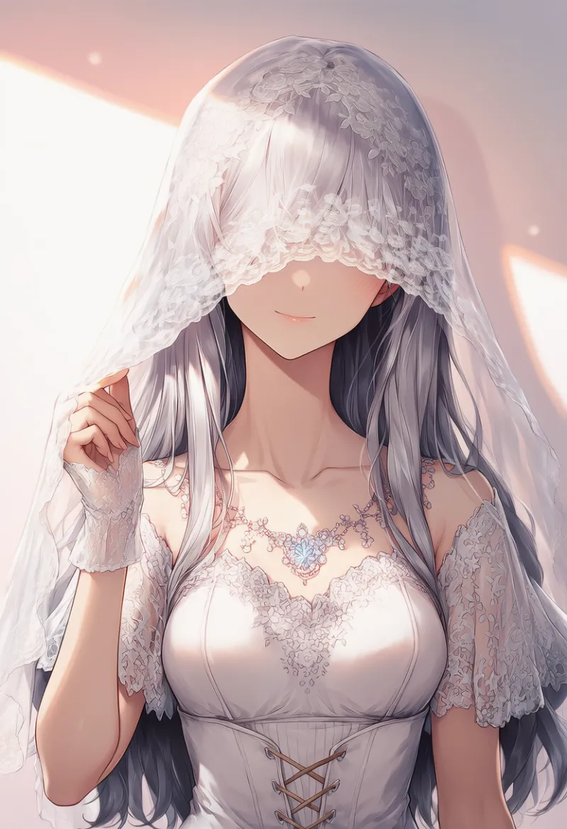 ベールを持ち上げる（瞳は見えていない）状態のAIイラスト
