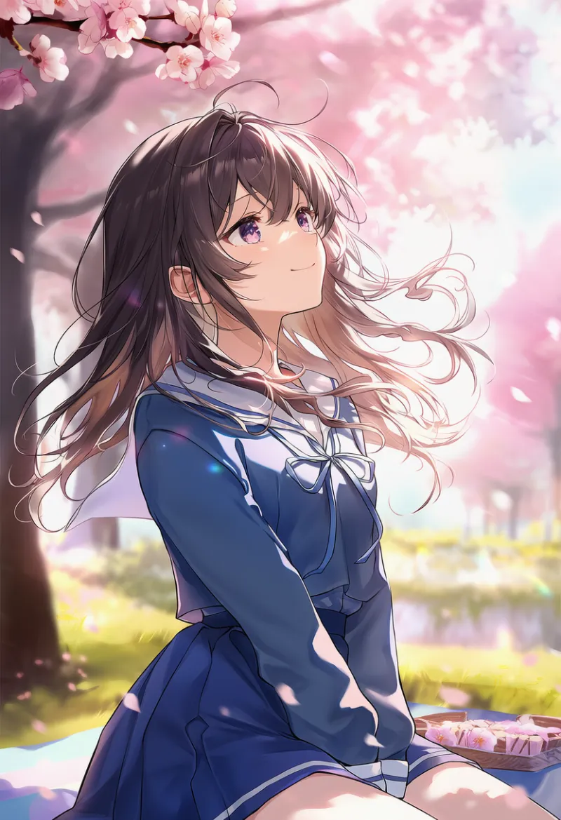 桜の花びらが舞い散るシーンのAIイラスト｜プロンプト：falling petals, floating petals