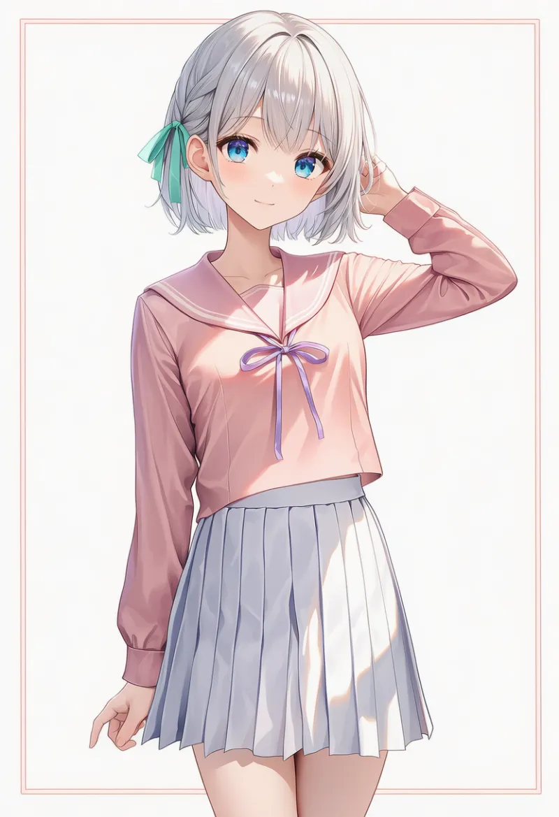 ブラッシュピンクのセーラーブラウス × 白プリーツスカート × ラベンダーリボン × ミントのヘアリボン|配色用プロンプト・AIイラスト