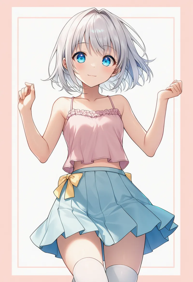 ソフトピンクのキャミソール × ライトブルーのミニスカート × パステルイエローのリボン × 白のサイハイ|配色用プロンプト・AIイラスト