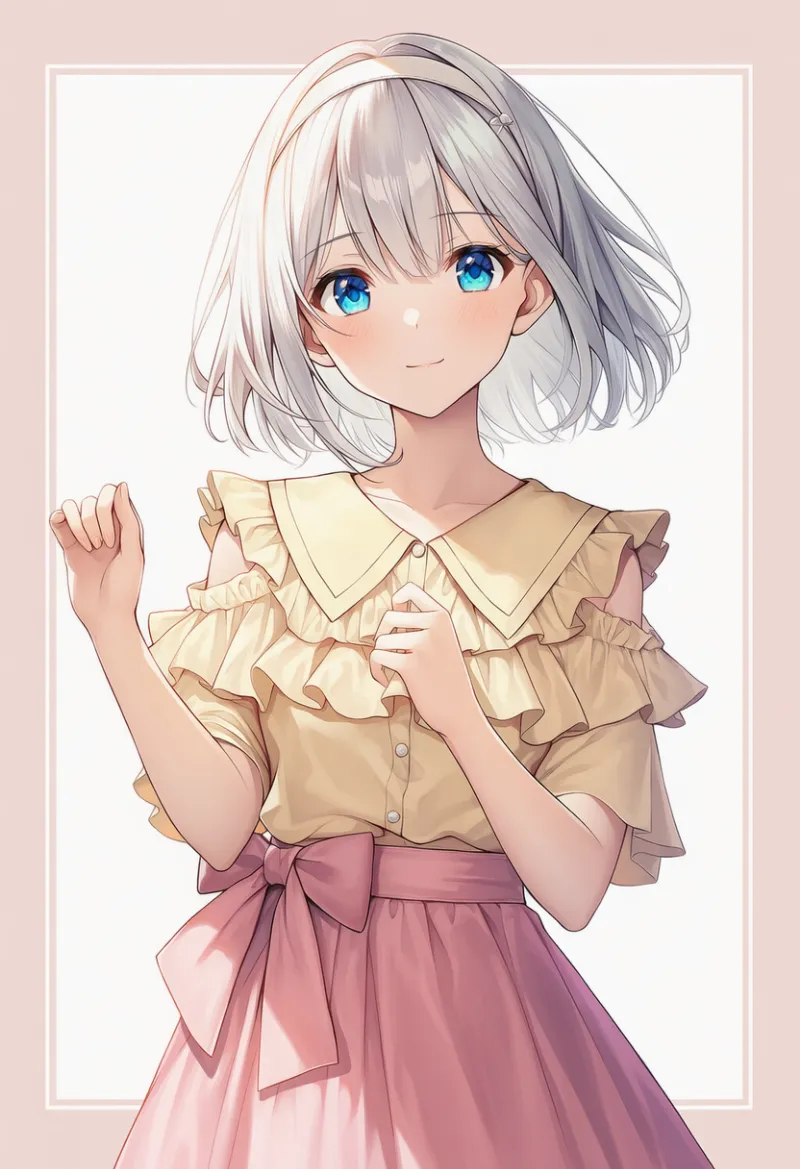 パステルイエローのフリルトップス × ピンクのスカート × 白ヘッドバンド × ピンクリボン|配色用プロンプト・AIイラスト