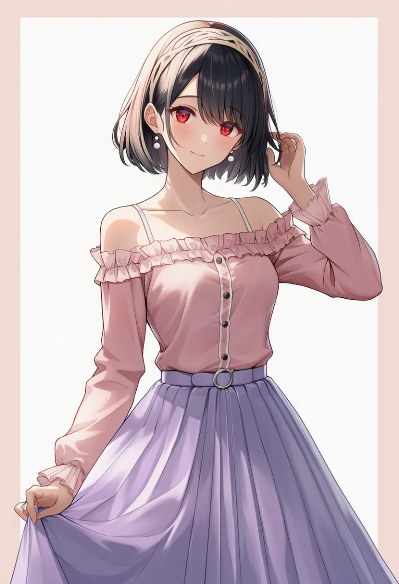 ミルキーピンクのオフショルダーブラウス × ラベンダースカート × クリームヘッドバンド × パールピアス|配色用プロンプト・AIイラスト