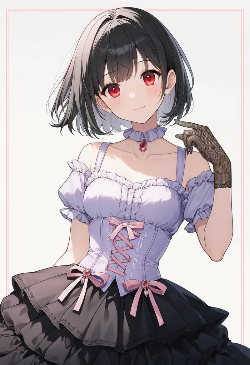 ライトパープルのコルセット × 黒フリルスカート × パステルピンクリボン × レース手袋|配色用プロンプト・AIイラスト