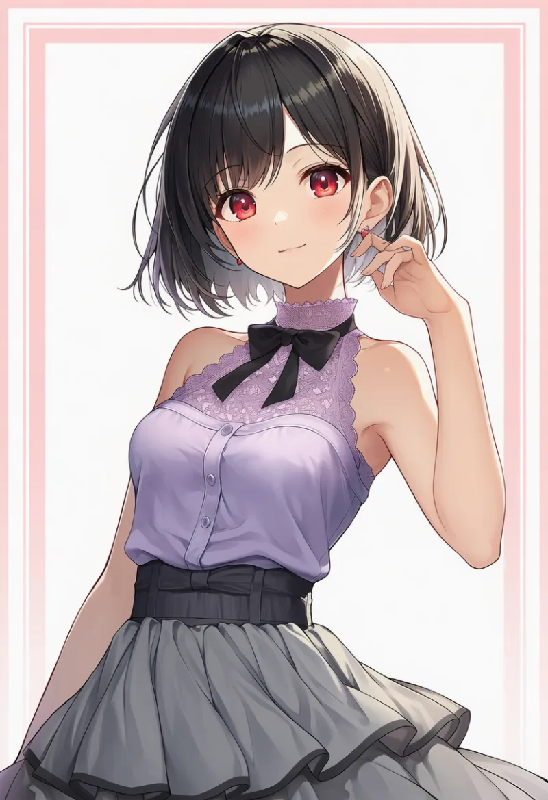 ソフトラベンダーのホルタートップス × グレースカート × 黒ボウタイ × ピンクレースカラー|配色用プロンプト・AIイラスト