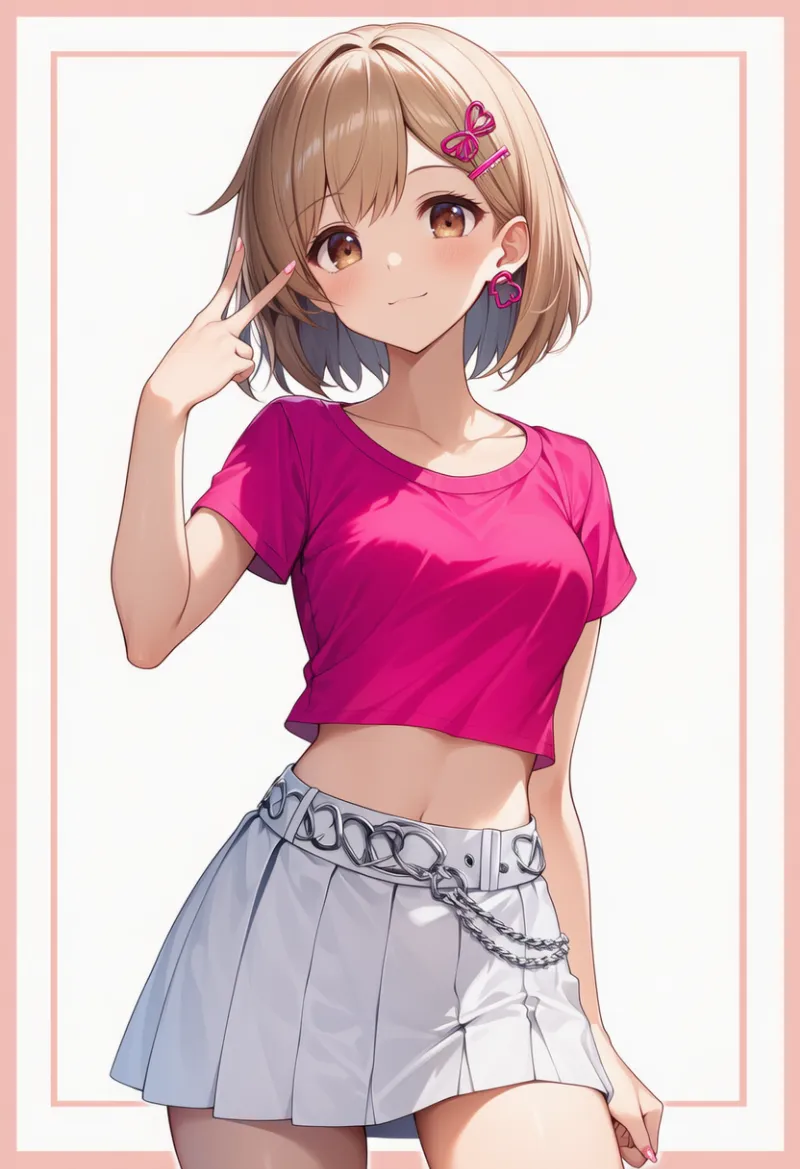 ビビッドピンクのクロップトップ × 白ミニスカート × ホットピンクヘアクリップ × シルバーチェーンベルト|配色用プロンプト・AIイラスト