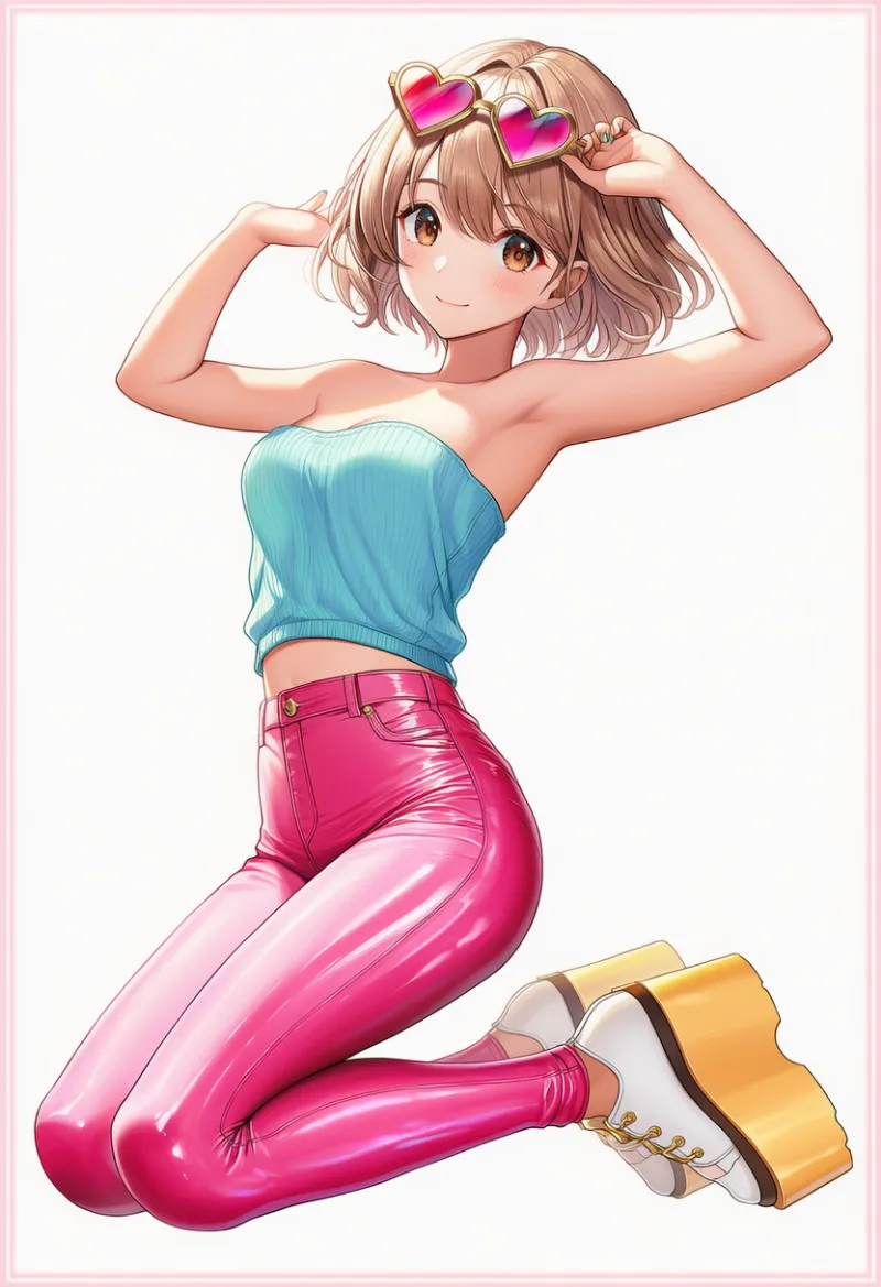 パステルブルーのチューブトップ × ピンクパンツ × イエロー厚底 × ハートサングラス|配色用プロンプト・AIイラスト