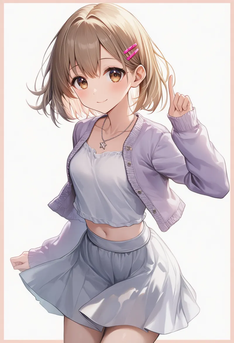 ラベンダーのジャケット × シルバーミニスカート × ピンクヘアクリップ × スターネックレス|配色用プロンプト・AIイラスト