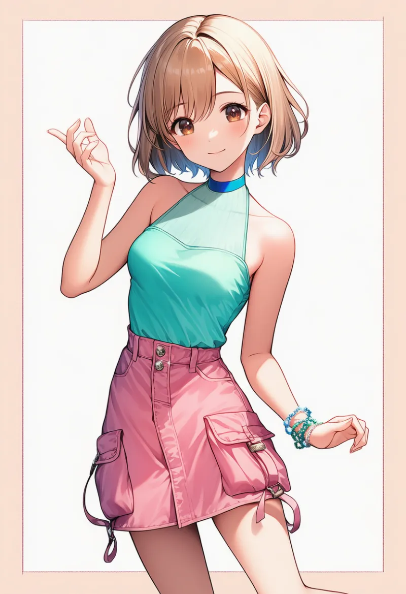 ミントのホルタートップス × ピンクミニスカート × ブルーチョーカー × ブレスレット|配色用プロンプト・AIイラスト