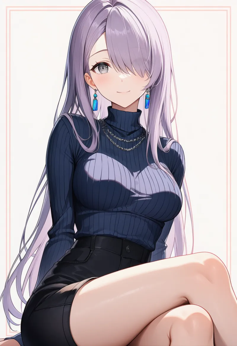 ネイビータートル × 黒ショートパンツ × シルバーネックレス × ブルーピアス|配色用プロンプト・AIイラスト