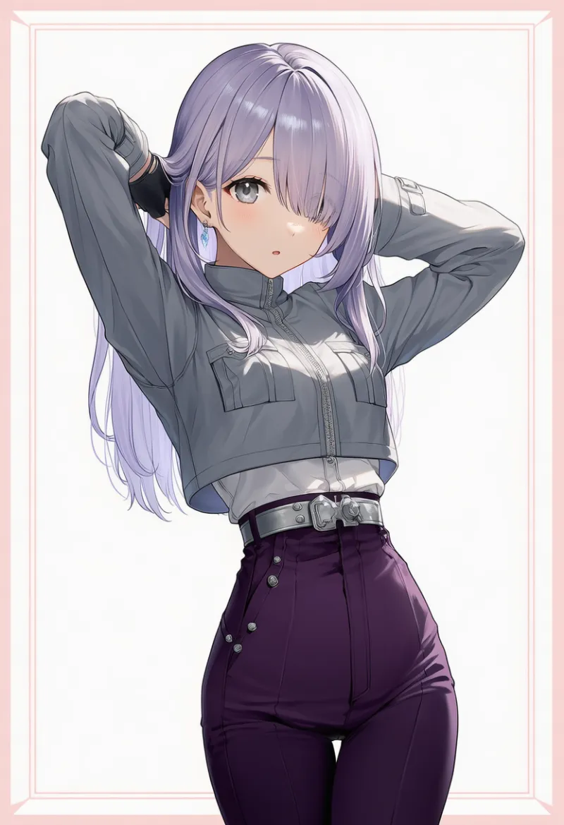 グレージャケット × パープルパンツ × シルバーベルト × 黒手袋|配色用プロンプト・AIイラスト