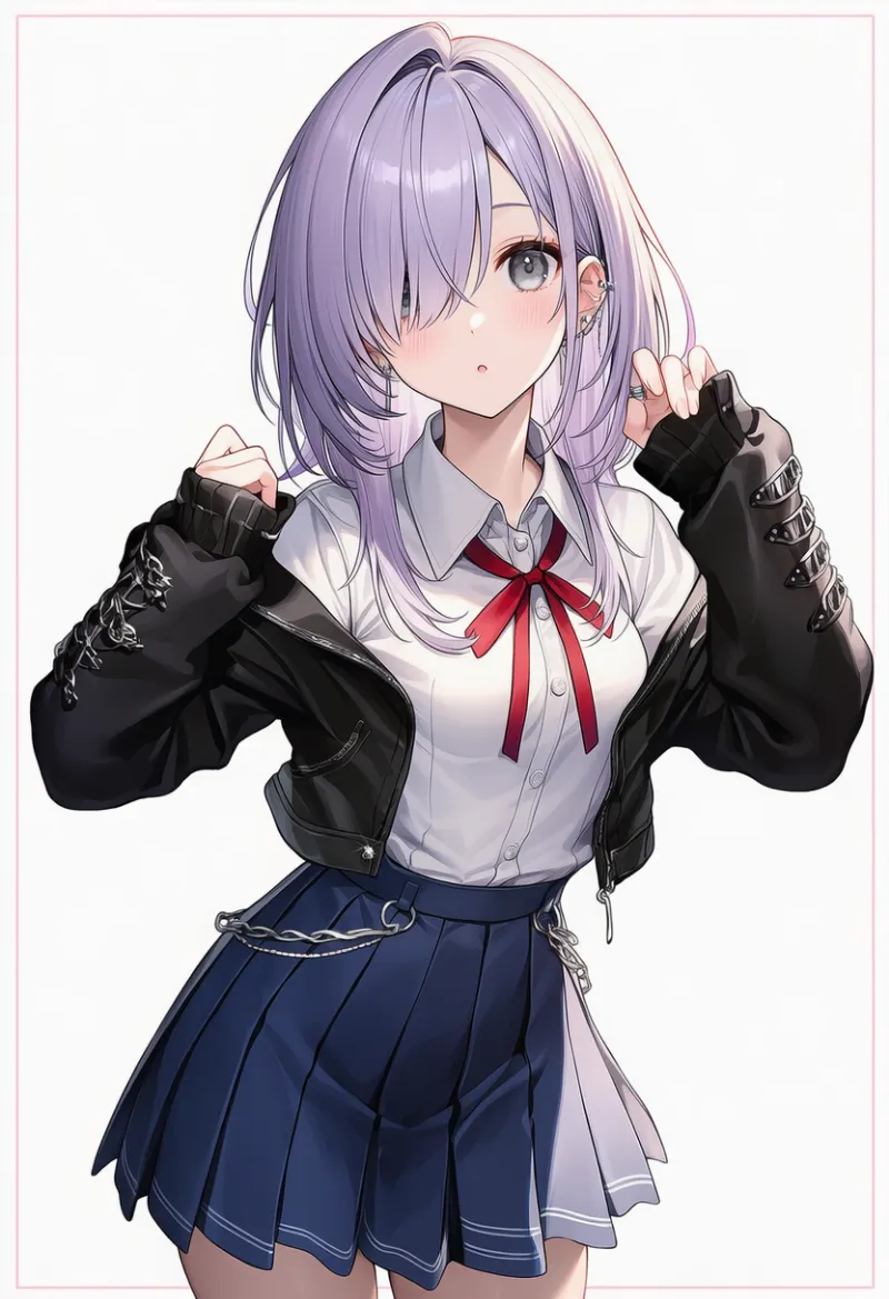 黒オフショルダージャケット × ネイビースカート × 赤リボン × シルバーピアス|配色用プロンプト・AIイラスト