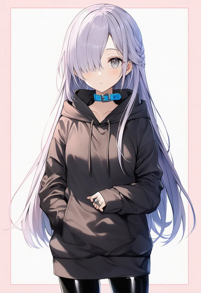 チャコールパーカー × 黒レギンス × ブルーチョーカー × シルバーリング|配色用プロンプト・AIイラスト