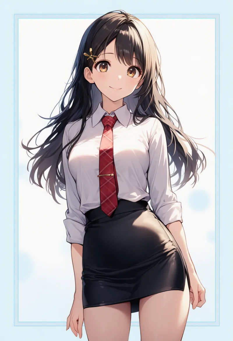 白シャツ × 黒タイトスカート × 赤ネクタイ × ゴールドヘアピン|配色用プロンプト・AIイラスト