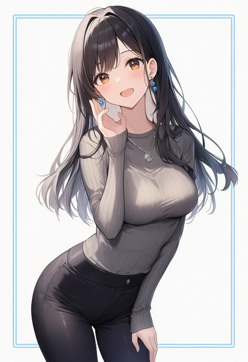 チャコールトップス × 黒レギンス × シルバーネックレス × 青ピアス|配色用プロンプト・AIイラスト