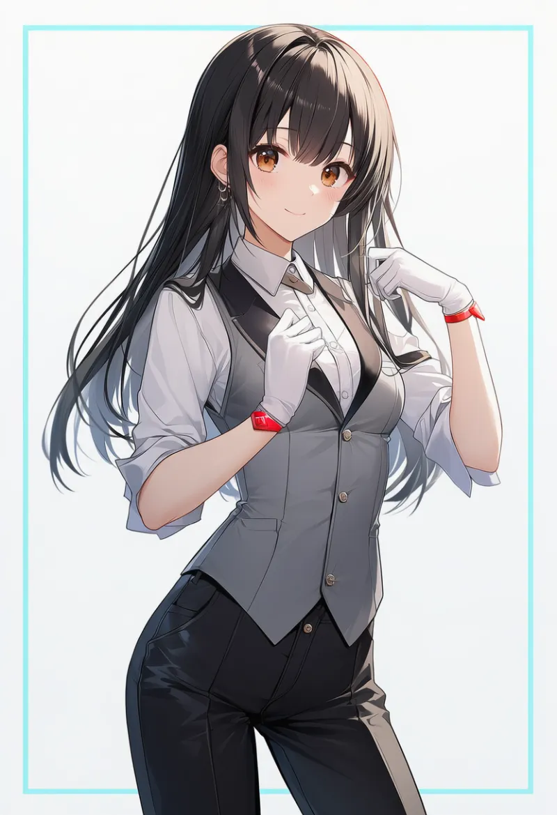 グレーベスト × 黒パンツ × 白手袋 × 赤カフス|配色用プロンプト・AIイラスト