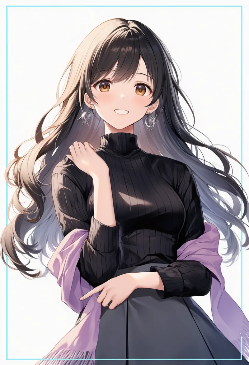 黒タートル × ダークグレースカート × シルバーピアス × 紫スカーフ|配色用プロンプト・AIイラスト