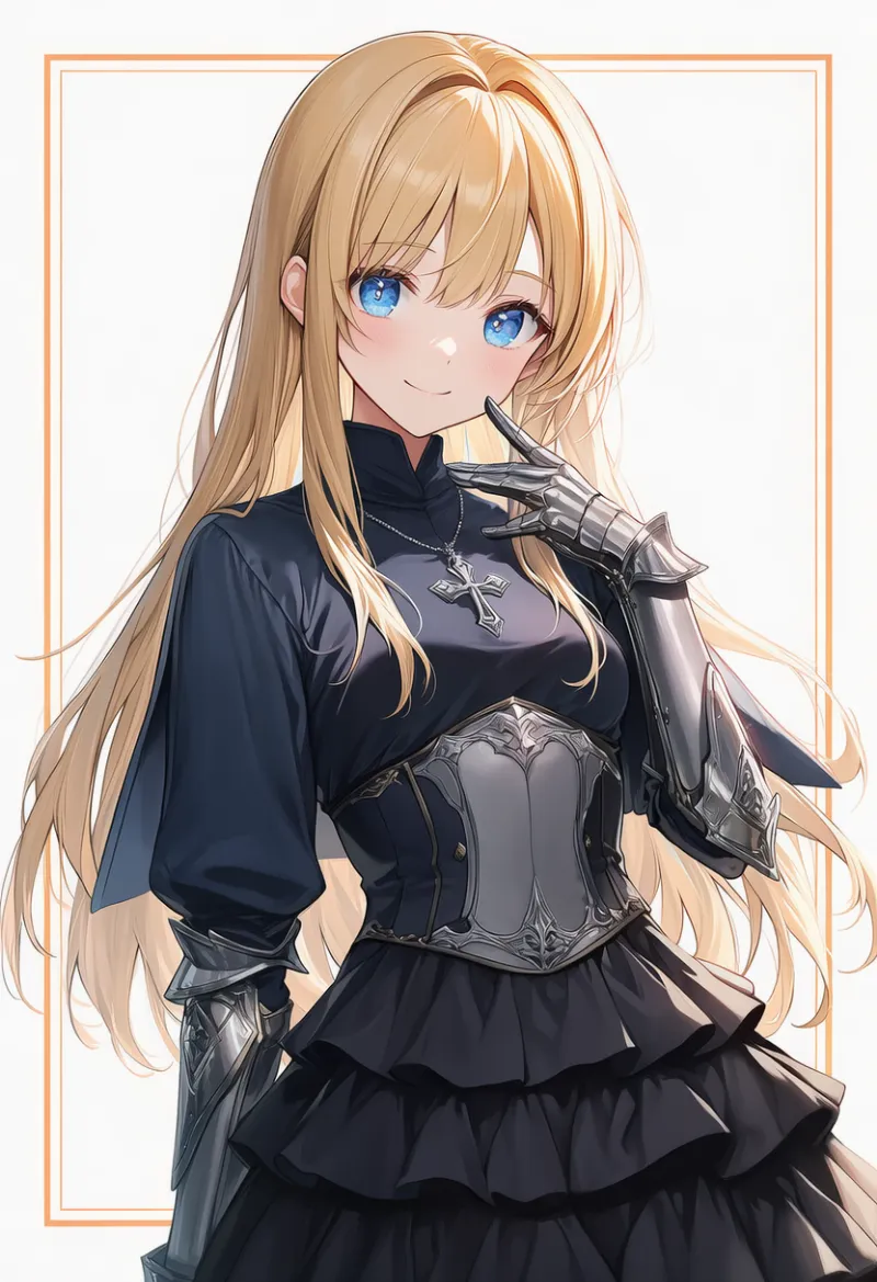 ダークネイビートップス × 黒スカート × シルバーペンダント × メタリック装飾|配色用プロンプト・AIイラスト