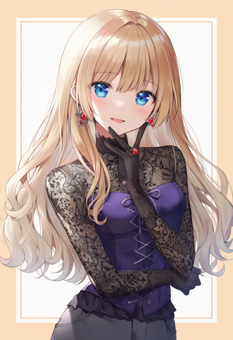 パープルコルセット × ダークグレーパンツ × 黒レース手袋 × 赤リング|配色用プロンプト・AIイラスト