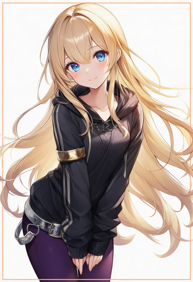 黒フードトップス × パープルレギンス × メタリックベルト × ゴールドアクセ|配色用プロンプト・AIイラスト