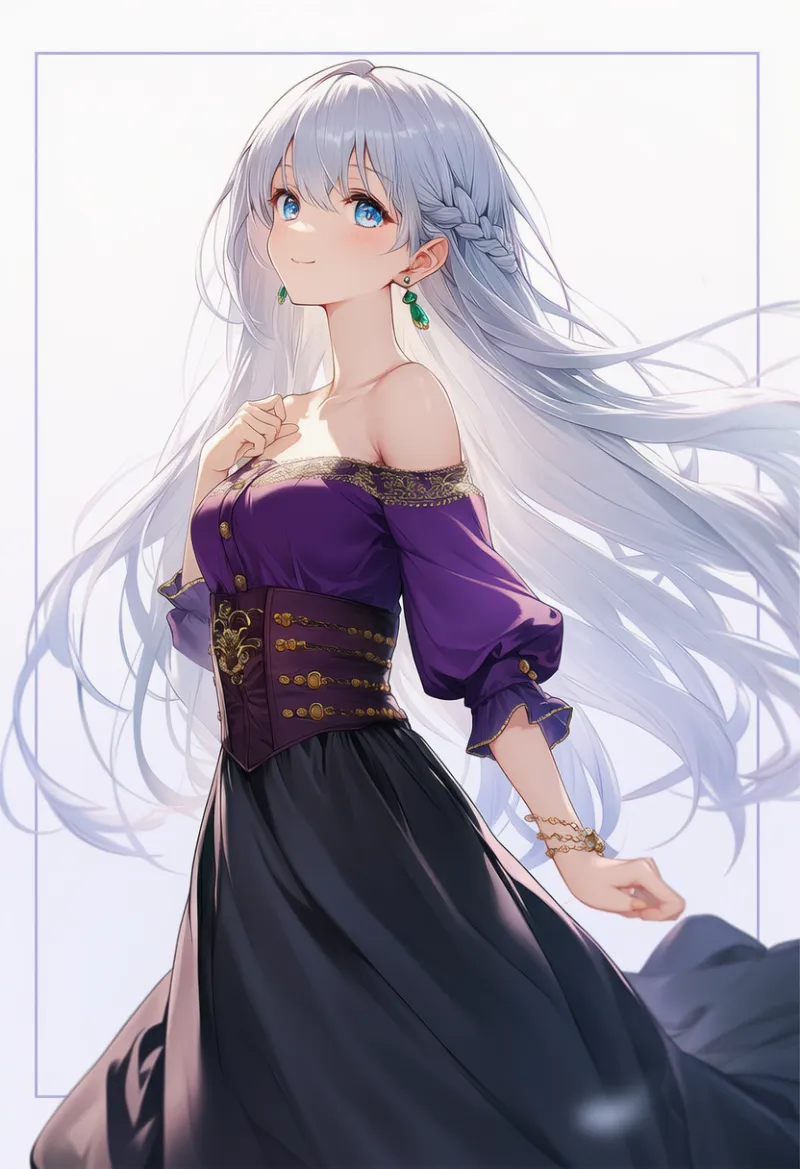 ディープパープルコルセット × 黒ロングスカート × ゴールド装飾 × エメラルドピアス|配色用プロンプト・AIイラスト