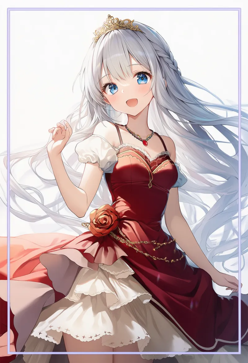 ワインレッドドレス × クリームパニエ × ゴールドティアラ × ルビーネックレス|配色用プロンプト・AIイラスト