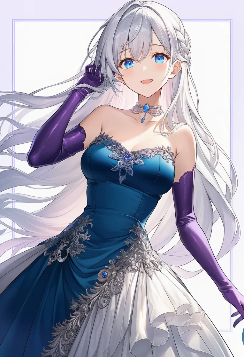 サファイアブルートップス × シルバースカート × ダイヤチョーカー × 紫グローブ|配色用プロンプト・AIイラスト