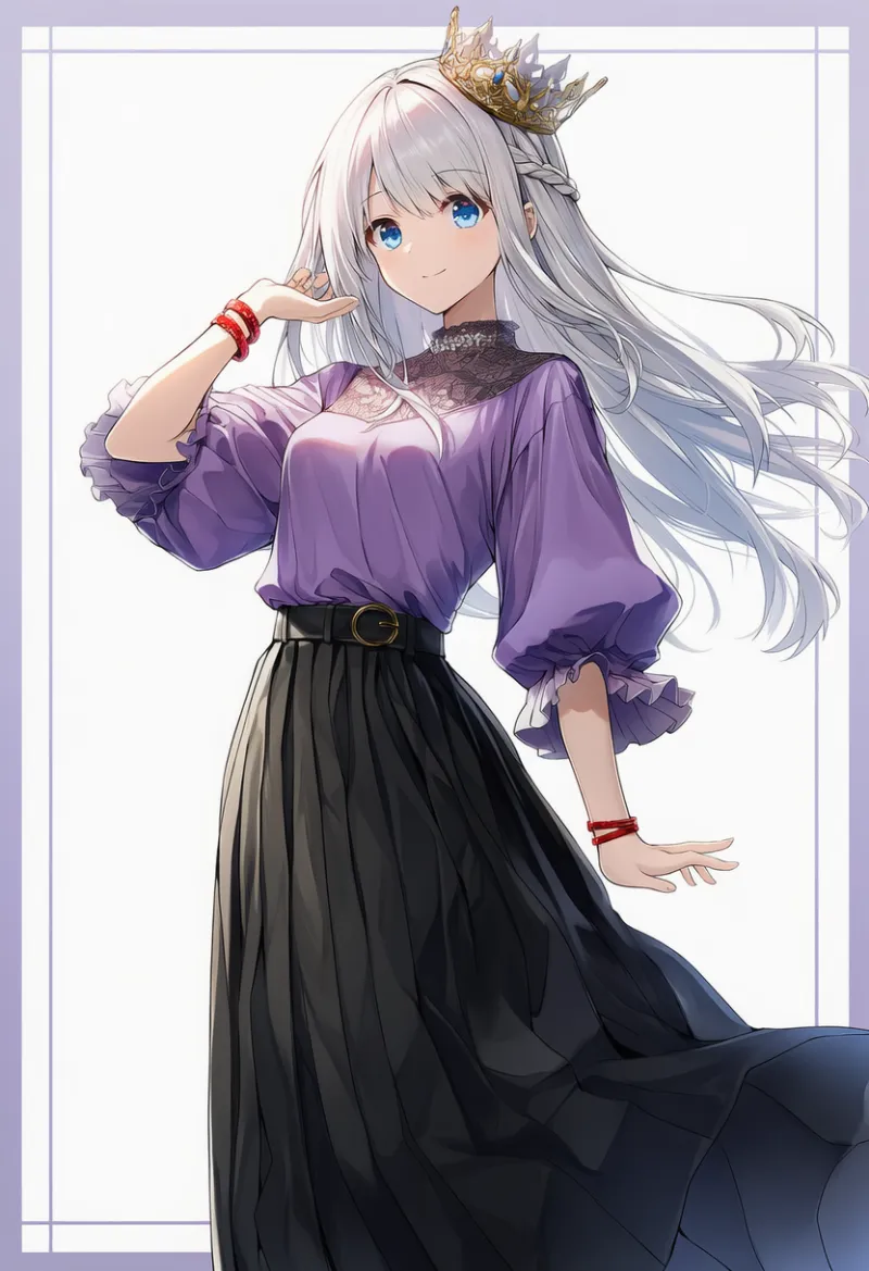ロイヤルパープルトップス × 黒ロングスカート × ゴールドクラウン × ルビーブレスレット|配色用プロンプト・AIイラスト