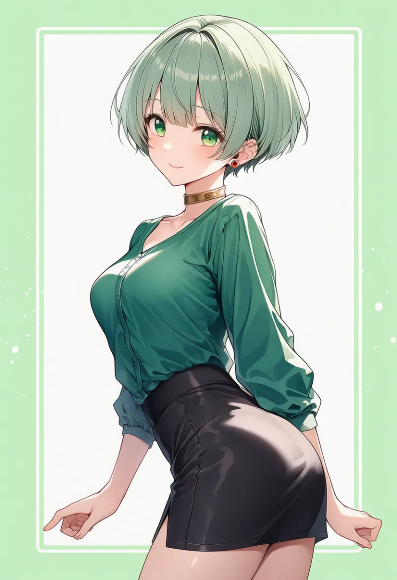 エメラルドグリーントップス × 黒スカート × ゴールドチョーカー × ルビーピアス|配色用プロンプト・AIイラスト