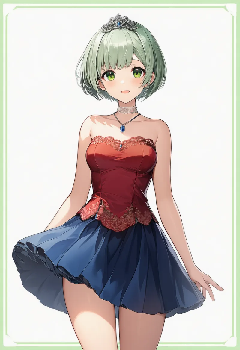 ルビーレッドトップス × ダークブルースカート × シルバーティアラ × サファイアペンダント|配色用プロンプト・AIイラスト