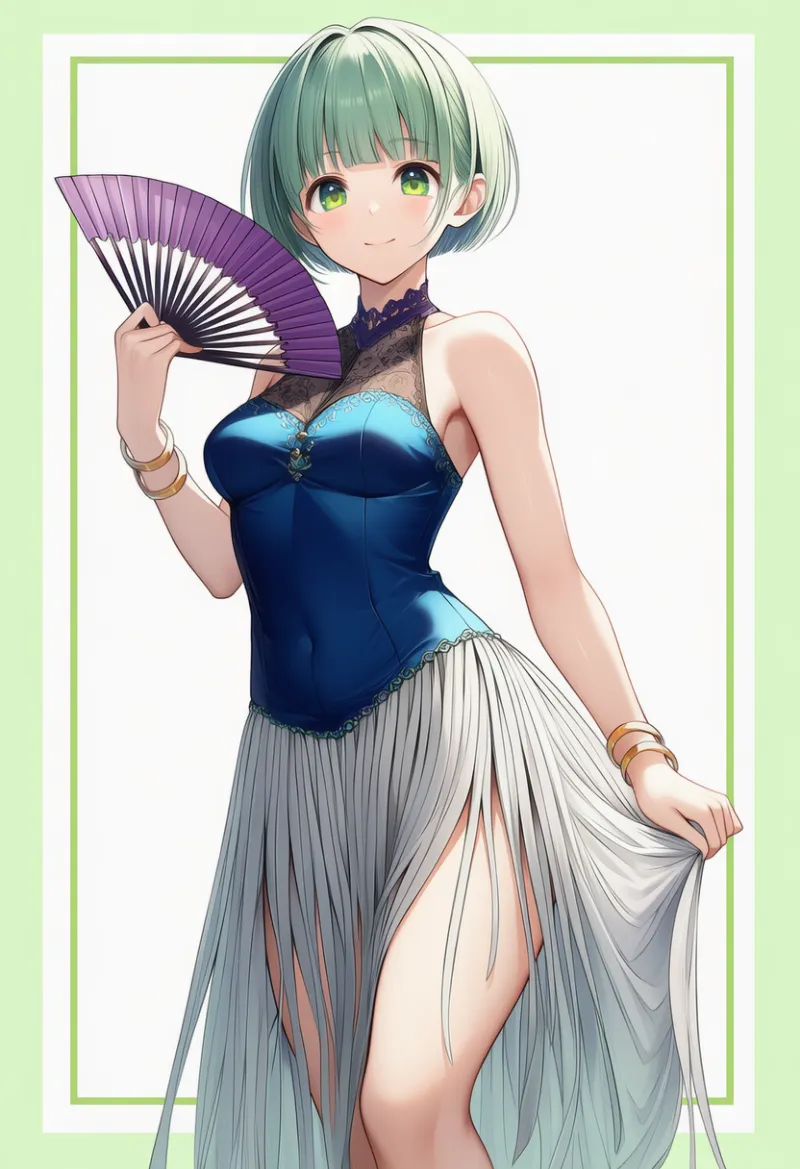 ディープブルートップス × シルバースカート × パープル小物 × ゴールドアクセ|配色用プロンプト・AIイラスト