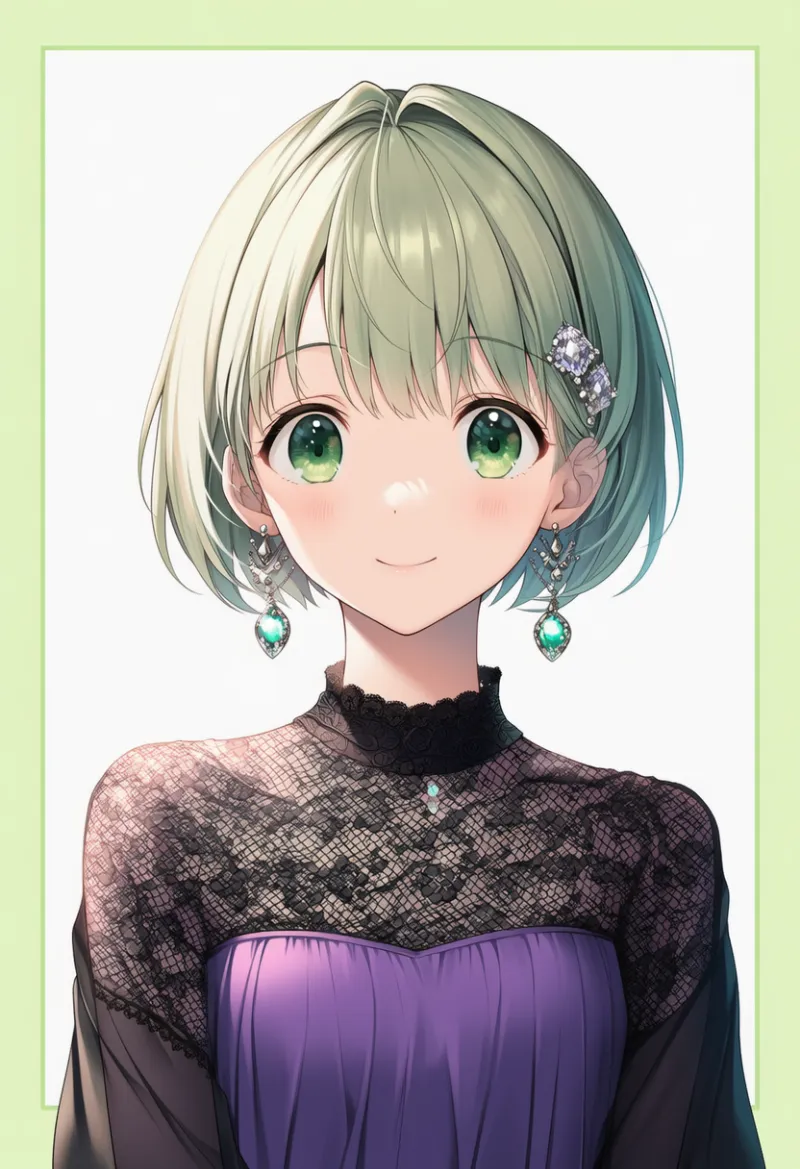 パープルドレス × 黒レーススカート × エメラルドリング × ダイヤヘアアクセ|配色用プロンプト・AIイラスト