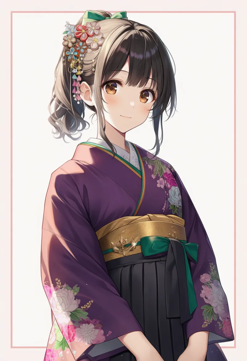 パープル着物トップス × 黒袴 × ゴールド帯 × エメラルドかんざし|配色用プロンプト・AIイラスト