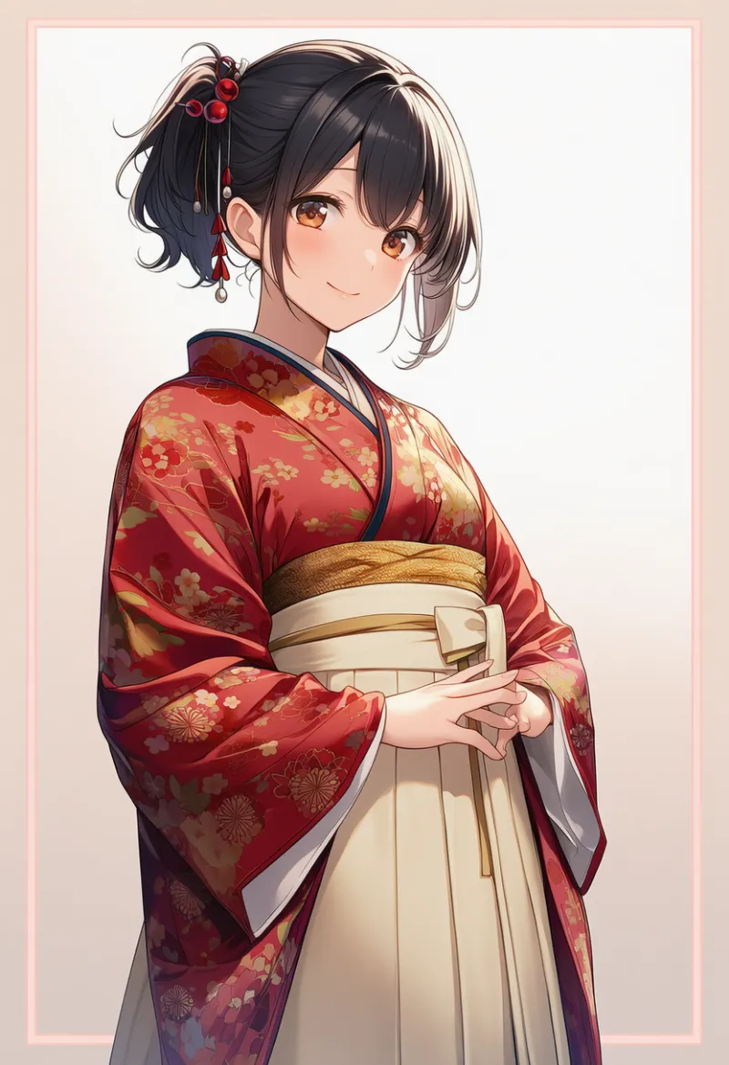 ワインレッド振袖 × クリーム袴 × ゴールド帯留め × ルビーヘアピン|配色用プロンプト・AIイラスト