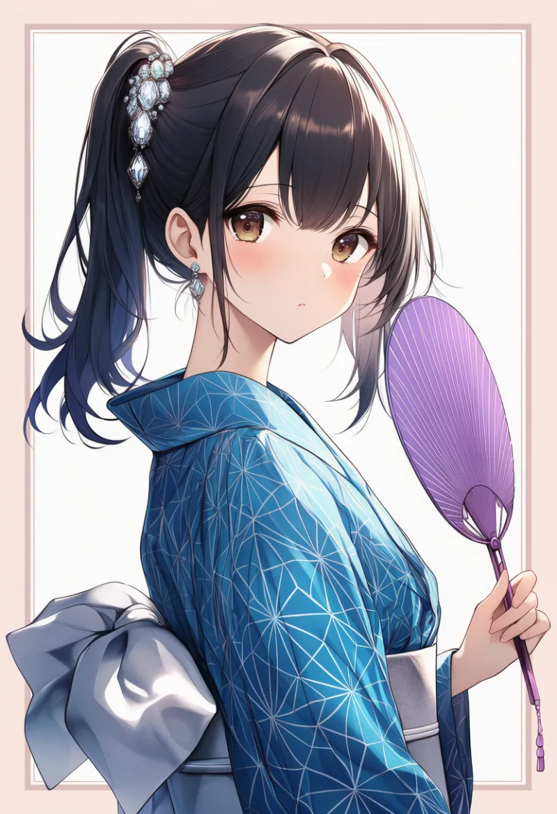 サファイア浴衣 × シルバー帯 × ダイヤ髪飾り × パープル扇子|配色用プロンプト・AIイラスト