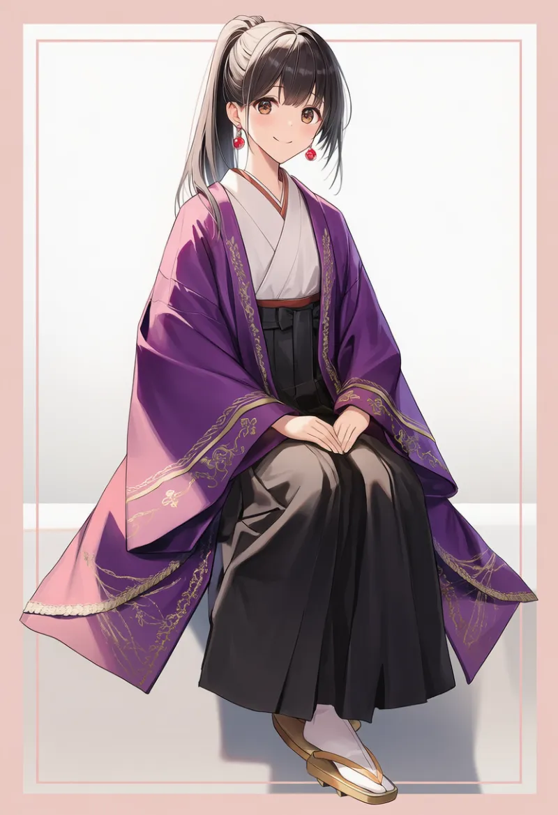 ロイヤルパープル羽織 × 黒袴 × ゴールド下駄 × ルビーピアス|配色用プロンプト・AIイラスト